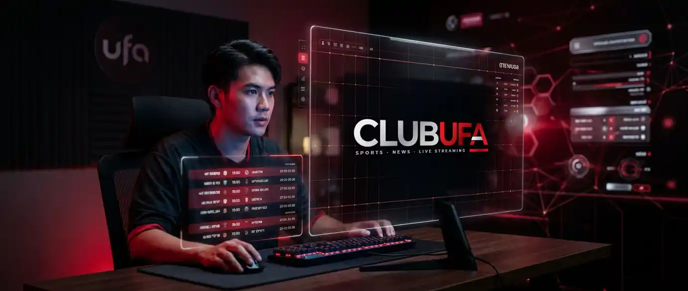 ภาพพื้นหลังตารางบอลแบบพรีเมียม โทนดำแดงสไตล์ clubufa.tv มีแฟนบอลมองจอแสดงโปรแกรมแข่งขันฟุตบอลอย่างสมจริงสำหรับหน้าแสดงตารางบอล