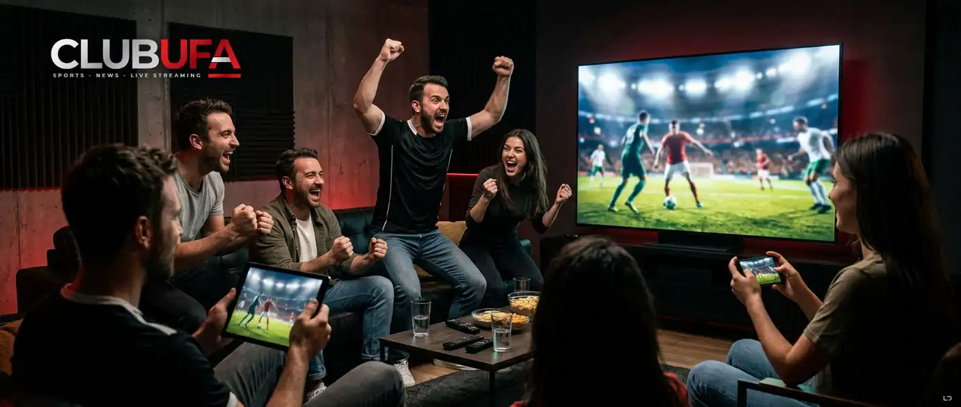 Alt text ภาพดูบอลสดฟรีของกลุ่มเพื่อนวัยผู้ใหญ่ที่กำลังเชียร์แมตช์สดผ่านทีวีและมือถือสำหรับหน้า clubufa.tv