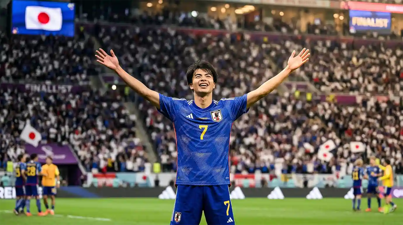 นักเตะทีมชาติญี่ปุ่นดีใจหลังจบเกมชนะทีมชาติอังกฤษที่สนามเวมบลีย์ เตรียมพร้อมฟุตบอลโลก 2026