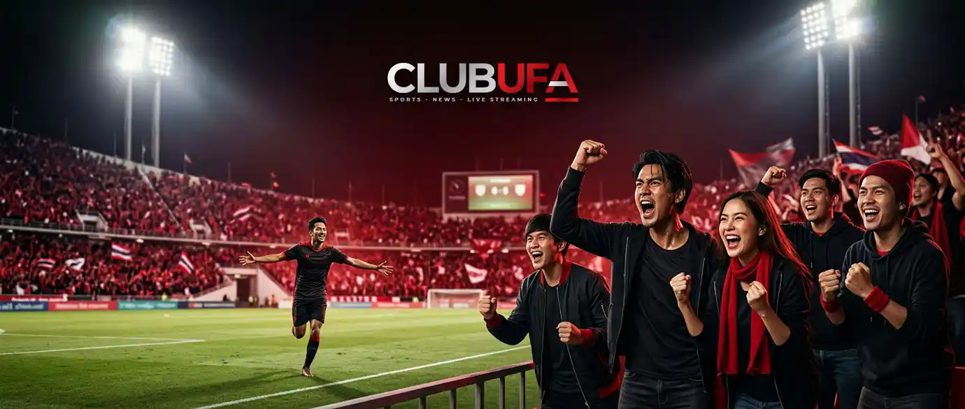 ภาพแฟนบอลเชียร์ดูบอลคืนนี้สดฟรี ในสนามฟุตบอลกลางคืนโทนดำแดงพรีเมียม มีนักเตะดีใจแบบสมจริงสไตล์ clubufa.tv