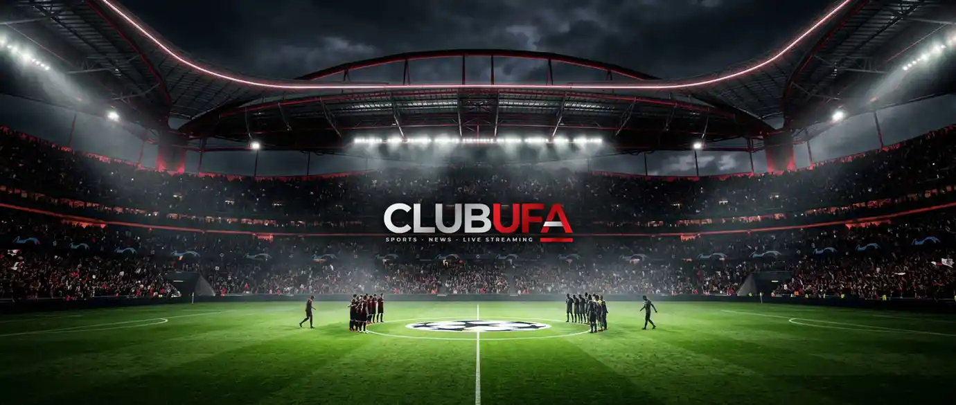 ภาพบรรยากาศดูแชมเปียนส์ลีกสดฟรี แบบสนามฟุตบอลกลางคืนโทนดำแดงพรีเมียม แสงสปอร์ตไลท์สวยสมจริงในสไตล์ clubufa.tv