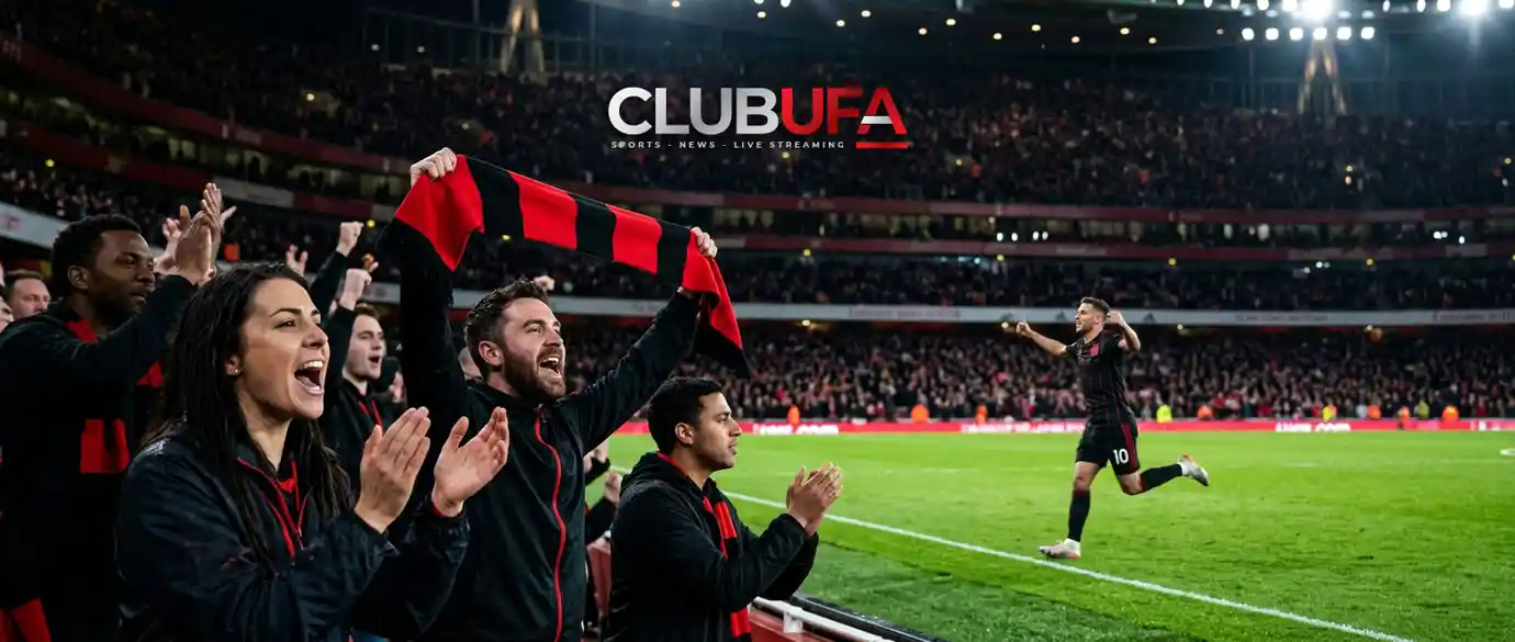 ภาพบรรยากาศดูพรีเมียร์ลีก แบบสนามฟุตบอลอังกฤษกลางคืนโทนดำแดงพรีเมียม มีแฟนบอลเชียร์และนักเตะกำลังเล่นอย่างสมจริง เหมาะกับเว็บ clubufa.tv