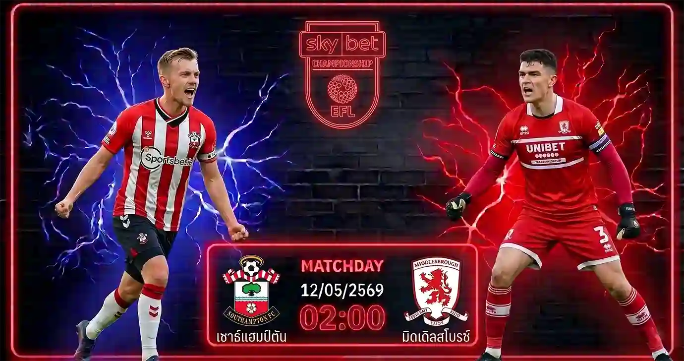 ดูบอลสด เซาธ์แฮมป์ตัน พบ มิดเดิลสโบรช์ แชมเปี้ยนชิพ รอบเพลย์ออฟ 2026 สนามเซนต์แมรีส์สเตเดียม